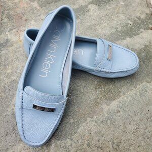 Calvin Klein LETA penny loafer driving moccasin, blue leather, womans size 10
